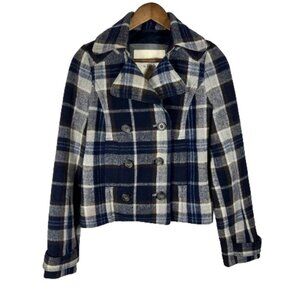 Abercrombie & Fitch Womens Plaid Wool Cropped Peacoat Jacket XS Blue Y2K Preppy